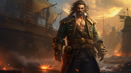 A pirate with a skull on his chest and a ship in the sea