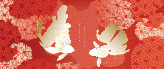 Luxury oriental japanese pattern background vector. Elegant goldfish and flower golden line art on red background. Design illustration for decoration, wallpaper, poster, banner, card.