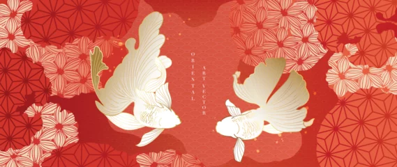 Behang Luxury oriental japanese pattern background vector. Elegant goldfish and flower golden line art on red background. Design illustration for decoration, wallpaper, poster, banner, card. © TWINS DESIGN STUDIO