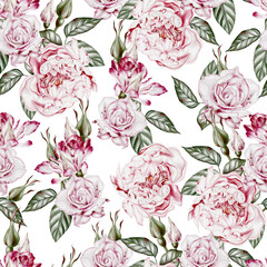 Watercolor seamless pattern with roses and peony flowers. Illustration