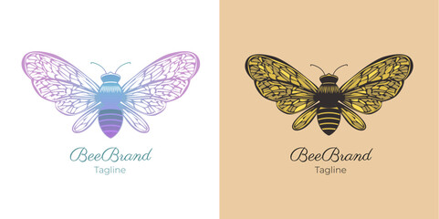 Symbolic image of a stylized bee isolated on sample text, as a logo, brand or symbol.