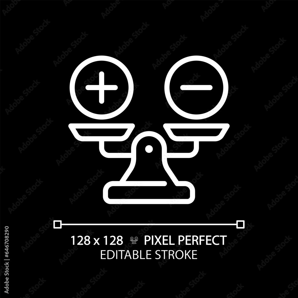 Poster 2d pixel perfect customizable white weight scale with plus and minus icon, isolated vector, thin lin
