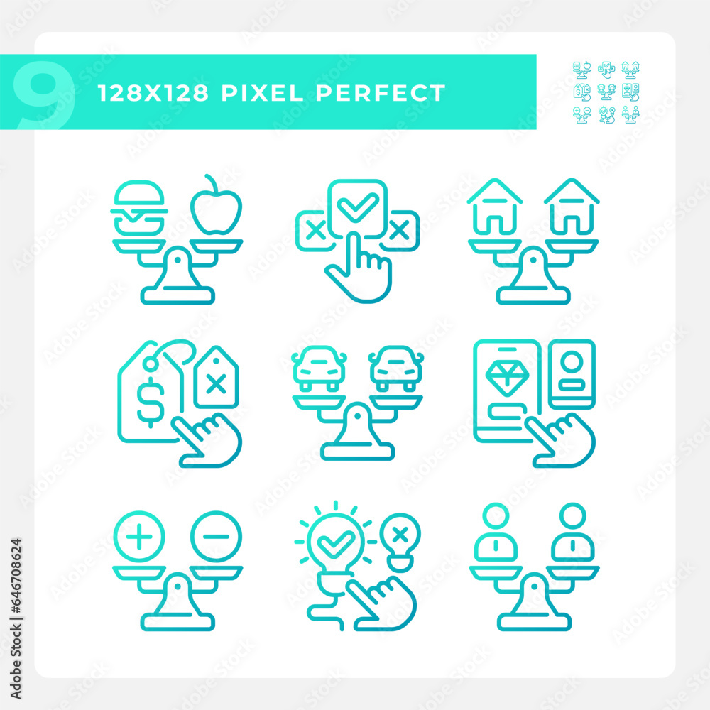 Poster 2d pixel perfect gradient icons set representing comparisons, blue thin linear illustration.