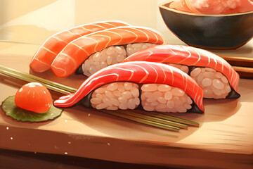 Nigiri Japanese food anime style illustration Made with Generative AI - obrazy, fototapety, plakaty