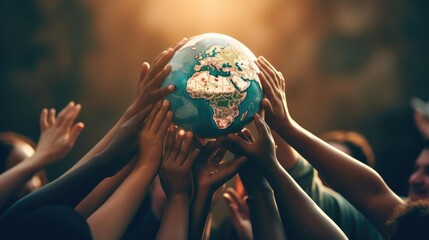 Saving the planet concept with multiple hands holding Planet Earth Globe above their head