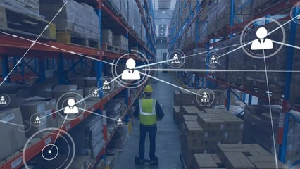 Animation of network of profile icons against aerial view of male worker on hoverboard at warehouse - Powered by Adobe