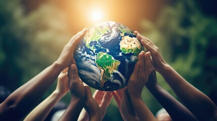 Saving the planet concept with multiple hands holding Planet Earth Globe above their head - obrazy, fototapety, plakaty
