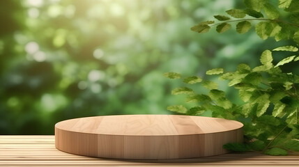 3D wooden podium for product display with tropical leaf plants and forest background. Natural concept. AI generated