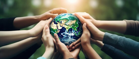 Saving the planet concept with multiple hands holding Planet Earth Globe above their head - Powered by Adobe