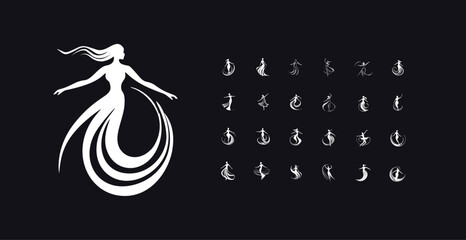 Ballerina logo set, gracefully dancing model icon collection. Swirling, whirling and noir elegance woman silhouette on black background for fashion, dancing, beauty industry. Vector illustration