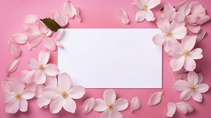 Blank paper card between pink flowers and petals top view
