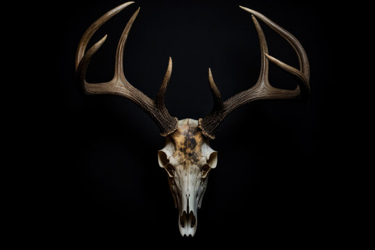 Decorative Deer Skull Looking Forward With Antlers On A Black Background Created Using Artificial Intelligence