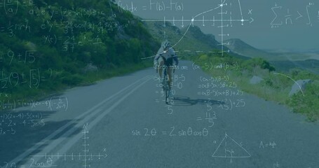 Animation of mathematical equations over caucasian female cyclist riding a bicycle on the street - Powered by Adobe