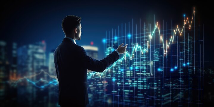 The businessman works with a huge holographic screen displaying current stock charts and quotes. Graph and chart. Business growth. Planing and strategy concept.