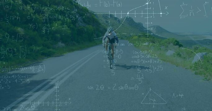 Animation of mathematical equations over caucasian female cyclist riding a bicycle on the street - Powered by Adobe