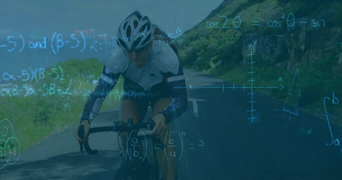 Animation of mathematical equations over caucasian female cyclist riding a bicycle on the street - Powered by Adobe