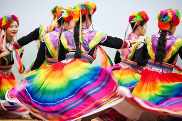 Young adults enjoying traditional festival dancing outdoors Colorful tradition festival costume dance