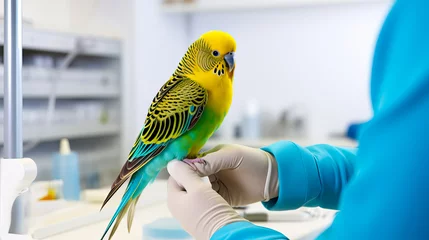 Poster Veterinarian checking a bird or budgie at a vet clinic. Concept of pets and health. Shallow field of view with copy space. © henjon