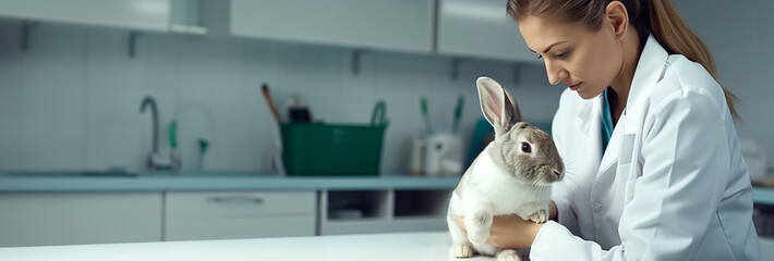 Veterinarian checking a pet rabbit at a vet clinic. Concept of pets and health. Shallow field of view with copy space.