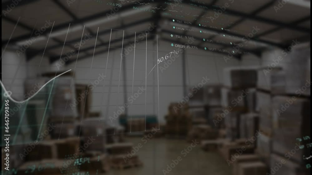 Poster animation of statistical and stock market data processing against warehouse