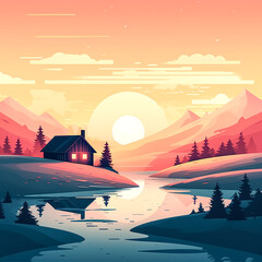 House in winter at sunset, generative AI.
