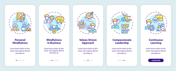 Fototapeta na wymiar 2D icons representing mindful entrepreneurship mobile app screen set. Walkthrough 5 steps multicolor graphic instructions with linear icons concept, UI, UX, GUI template.