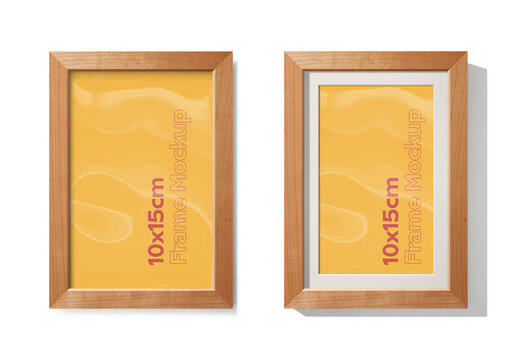Mockup of vertical cherry wood frame 10 x 15 cm with customizable background, mount and shadows