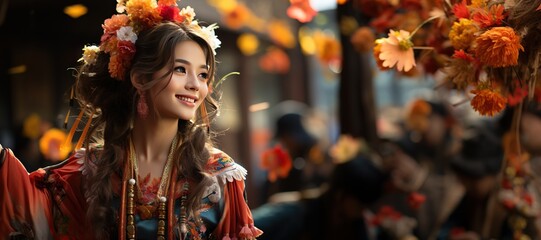 Obraz premium Chinese Traditional Costume: A performer adorned in colorful traditional attire for cultural performances. Generated with AI