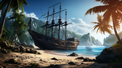 An old pirate shipwreck on a beach with palm trees