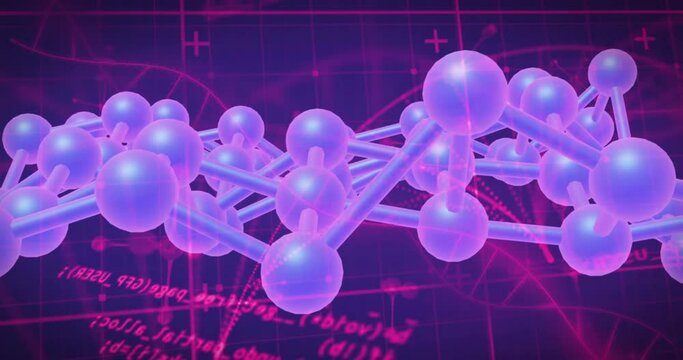 Animation of molecular structures and data processing against purple background