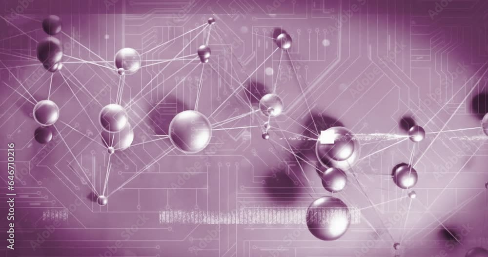 Poster animation of glitch effect on molecular structures, microprocessor connections on purple background