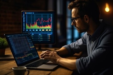 Mature man with glasses wearing a long-sleeved shirt is looking at a laptop screen with a stock chart displaying.