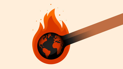 Vector illustration of the Earth globe in a shape of a lit match. Concept illustration representing global warming, wars, terrorism, wildfires and record temperatures. Climate change icon.