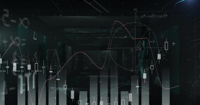 Animation of mathematical equations and bar graphs against screens with data processing
