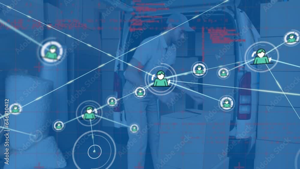 Poster animation of network of profile icons against caucasian delivery man loading boxes in his van