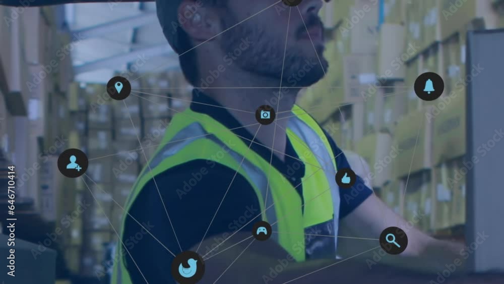 Poster animation of network of digital icons against caucasian male worker loading boxes in delivery van