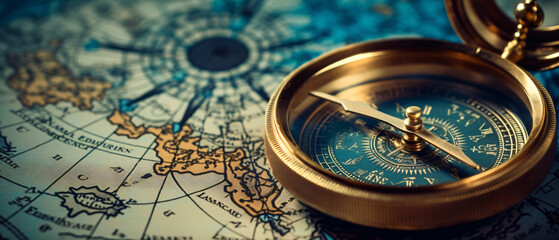 Antique compass close up on top of blued map