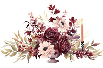 Beautiful vector watercolor autumn bouquet with red roses, chrysanthemums and leaves
