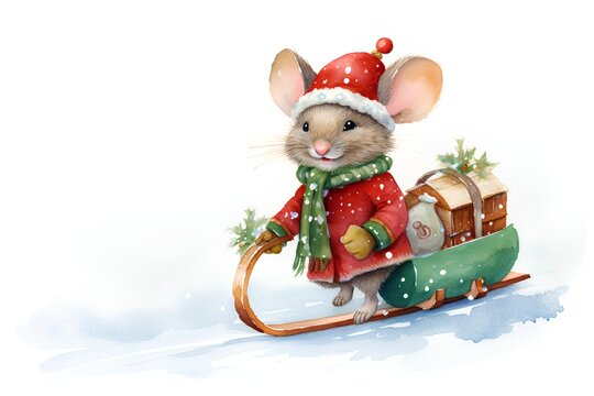 Christmas greeting card with cute little mouse in sledge. Watercolor illustration