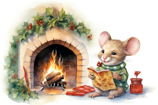 Watercolor illustration of a cute mouse with a book near the fireplace.