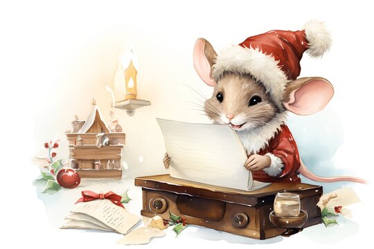 Cute cartoon mouse in Santa Claus hat with book. Watercolor illustration
