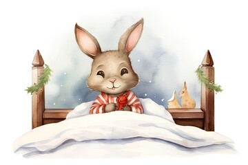 Watercolor illustration of a cute cartoon hare in the bed.