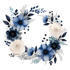 Beautiful vector floral wreath with blue and white flowers and leaves