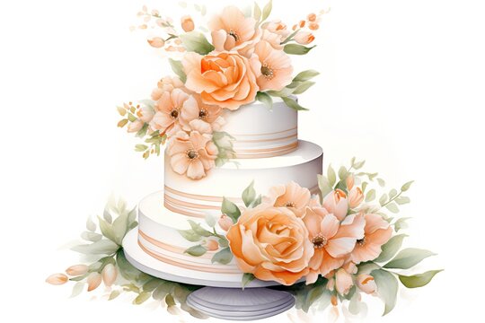 Wedding cake with orange flowers. Watercolor illustration isolated on white background
