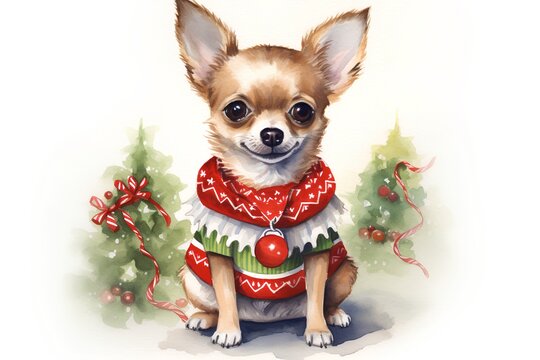Cute chihuahua dog in christmas sweater. Watercolor illustration