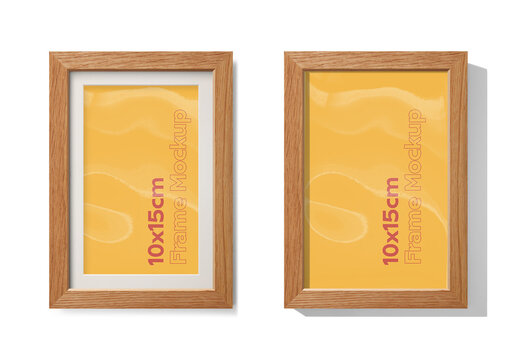Mockup of vertical oak wood frame 10 x 15 cm with customizable background, mount and shadows
