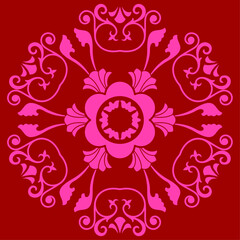 Fototapeta na wymiar pink snowflake ornament pattern on a red background