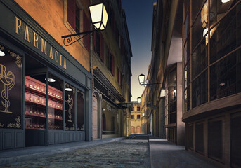 old italian alley in the night 3d render