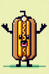 Pixel art of a hot dog done in 8-bit retro video game style