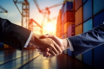 Handshake of two businessmen against the backdrop of a large container warehouse. Global transactions and cargo transportation around the world.